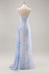 Blaues Blumen Meerjungfrauen Korsett Langes Brautjungfernkleid mit Schlitz